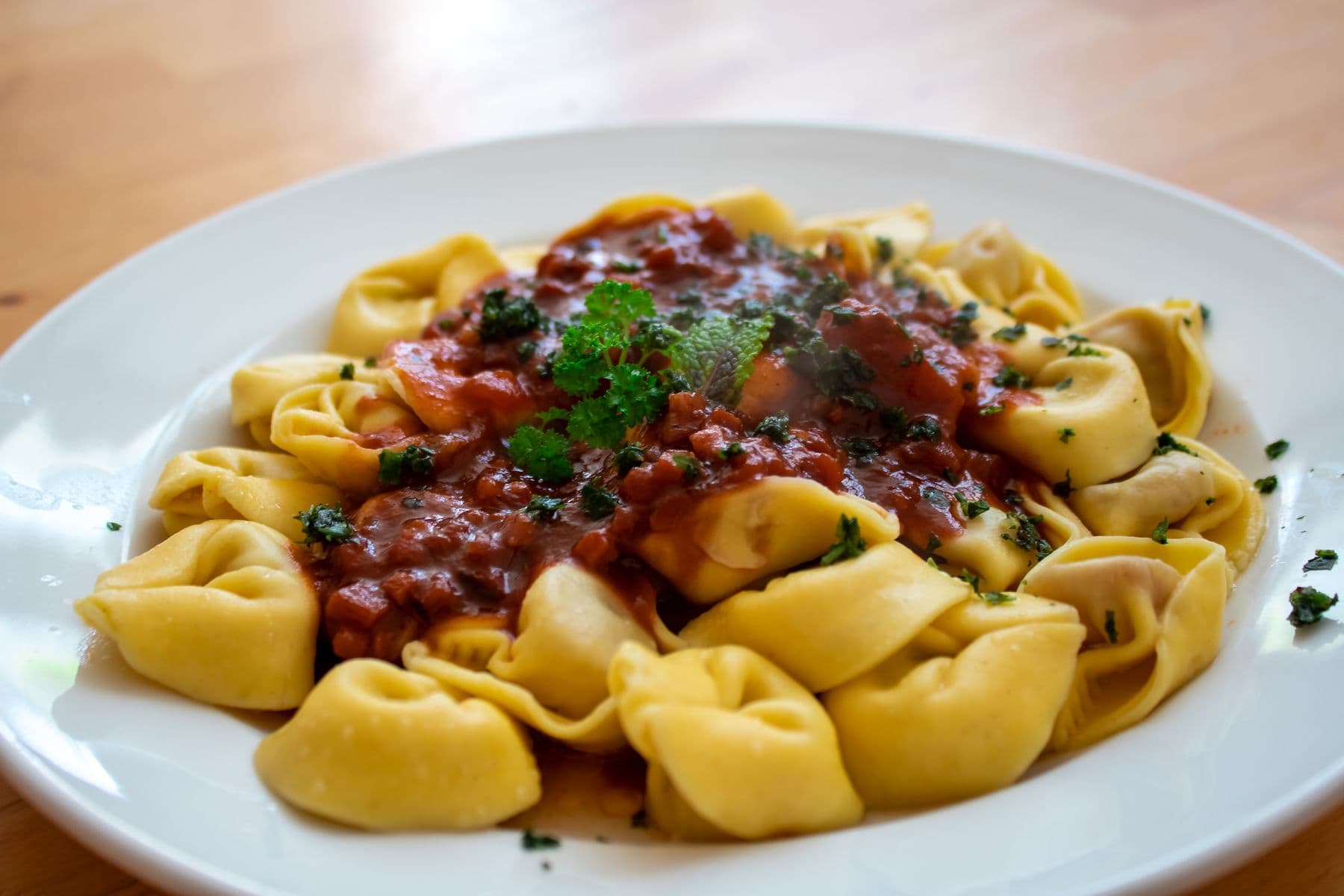 Prato de tortéi com molho de tomate e manjericão